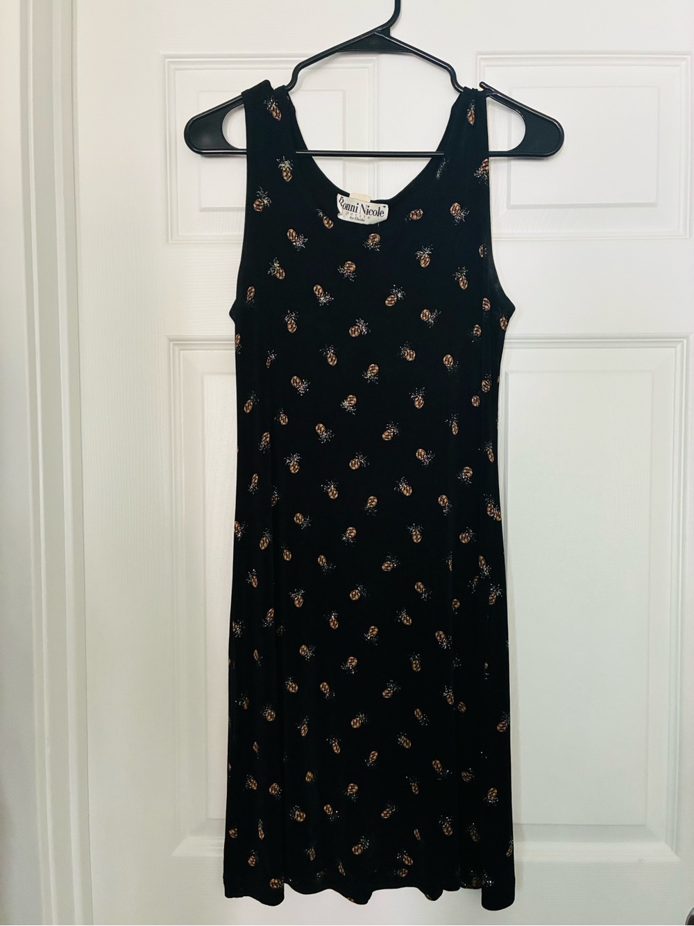 Vintage 90s Black Pineapple Print Sleeveless Dress Size M/L Mid Knee Length